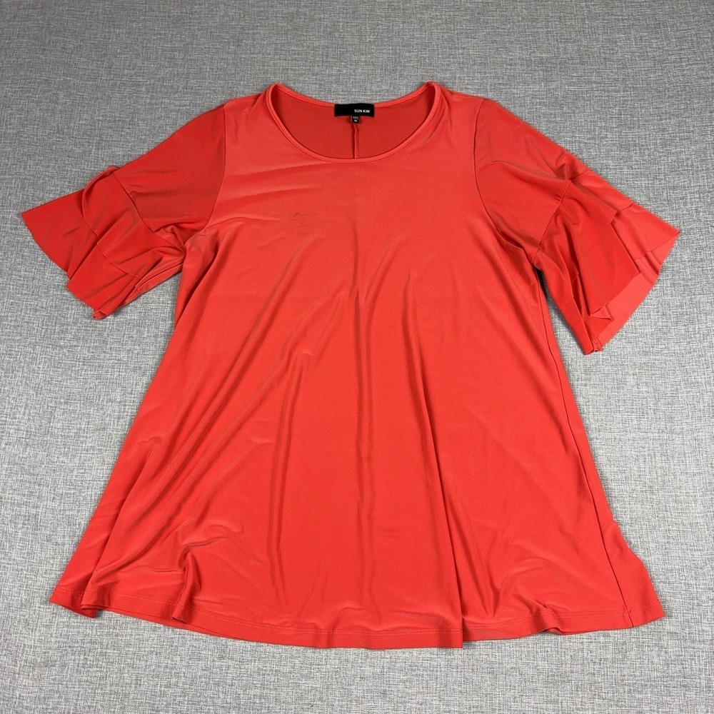 Sun Kim Blouse Womens M Red Scoop Neck Short Bell Sleeve Tunic Stretch Top